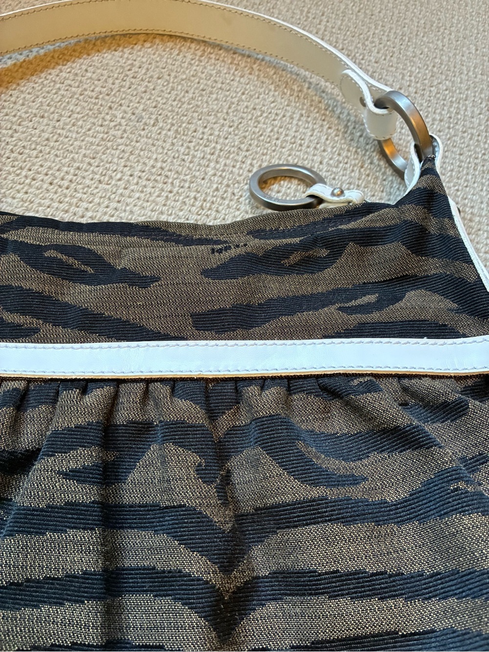 Brown and Black Zebra-Pattern Shoulder Bag with White Leather Trim